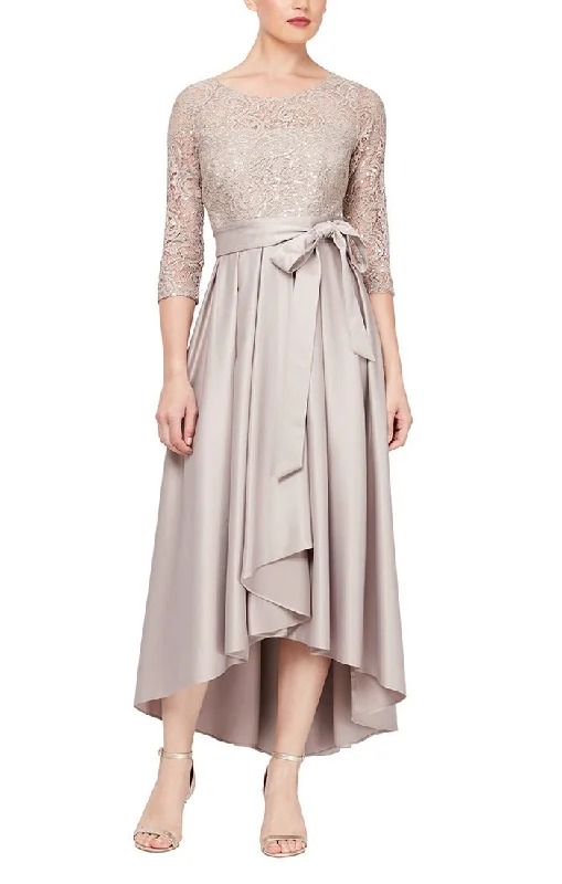 Sheer wedding guest dresses with lace inserts and long sleevesSequin Lace Party Dress with Satin Skirt & Ribbon Belt