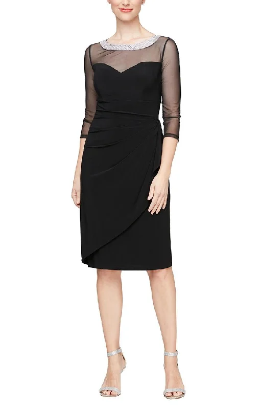 Sheath - style wedding guest dresses with lace overlaysSheath Velvet Dress with Embellished Sweetheart Illusion Neckline & Cascade Detail Skirt