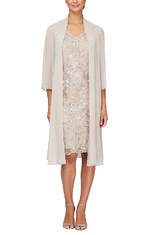 Embroidered wedding guest dresses in earthy tones for a rustic weddingV-Neck Sheath Dress with Elongated Chiffon Jacket