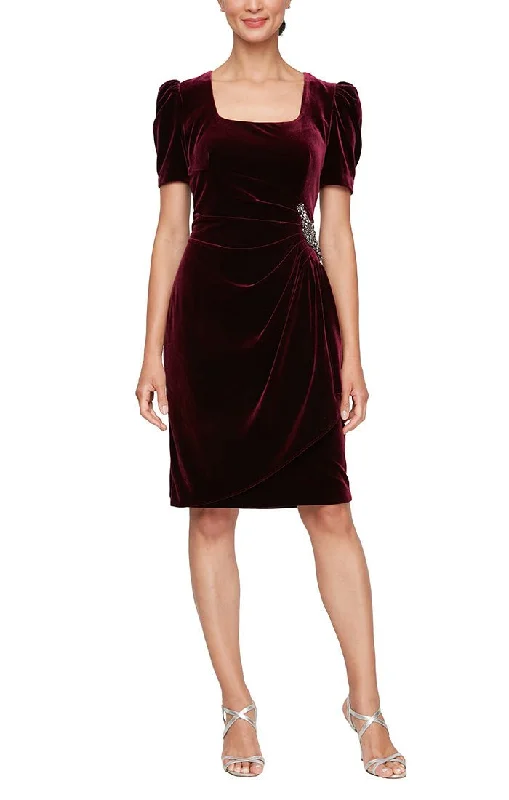 Sleeveless wedding guest dresses with ruffled hemsShort Scoop Neck Velvet Sheath Dress with Short Puff Shoulder Sleeves and Beaded Cascade Skirt