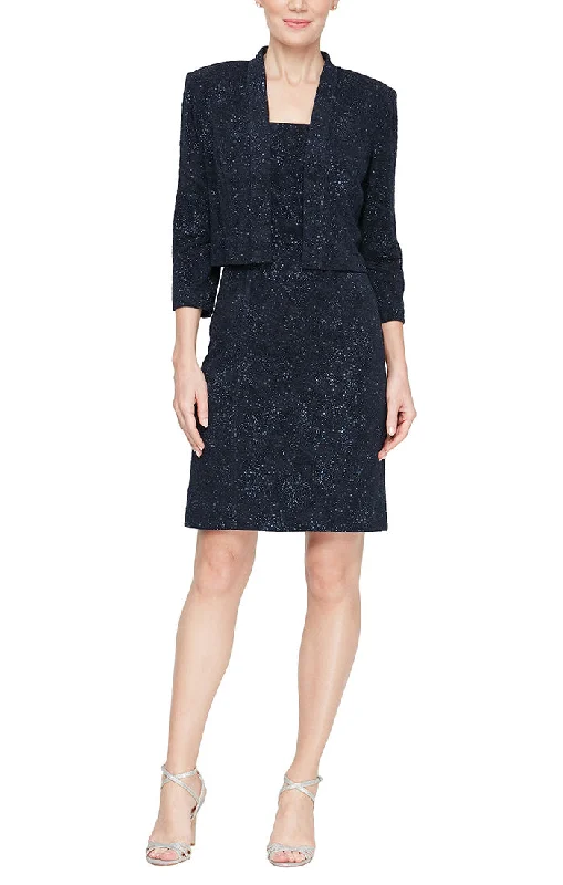 Wedding guest dresses with tassel - adorned belts and A - line skirtsShort Sheath Jacquard Knit Jacket Dress with Square Neckline, Front Slit and Open Jacket