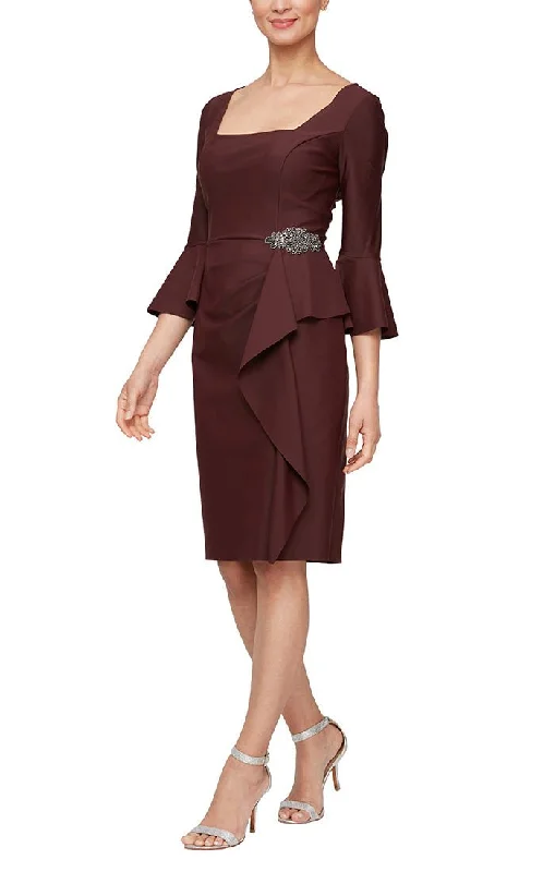 Asymmetric - hem wedding guest dresses in metallic huesShort Square Neck Sheath Dress with Bell Sleeves & Embellished Cascade Ruffle Detail