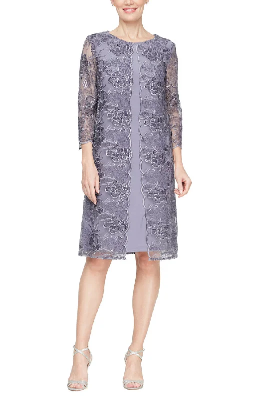 Wedding guest dresses with puff sleeves and knee - length hemsShort Stretch Tulle Embroidered Mock Jacket Dress with Attached Jacket and Illusion Sleeves