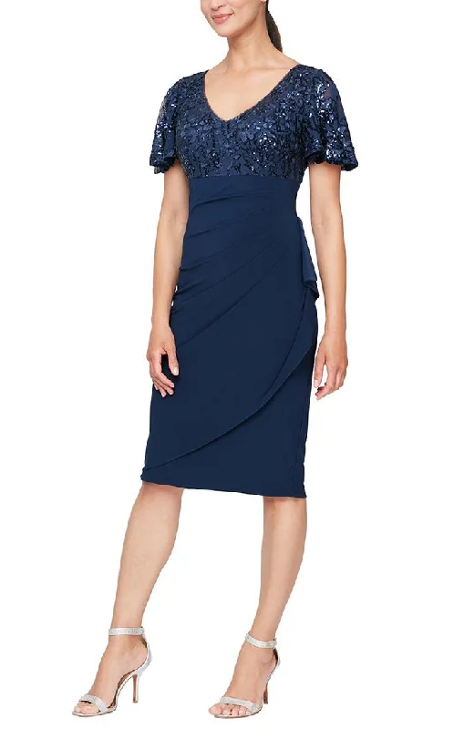 Lace - trimmed wedding guest dresses in blush pinkShort V-Neck Empire Waist Sheath Dress with Flutter Sleeves & Cascade Detail Skirt