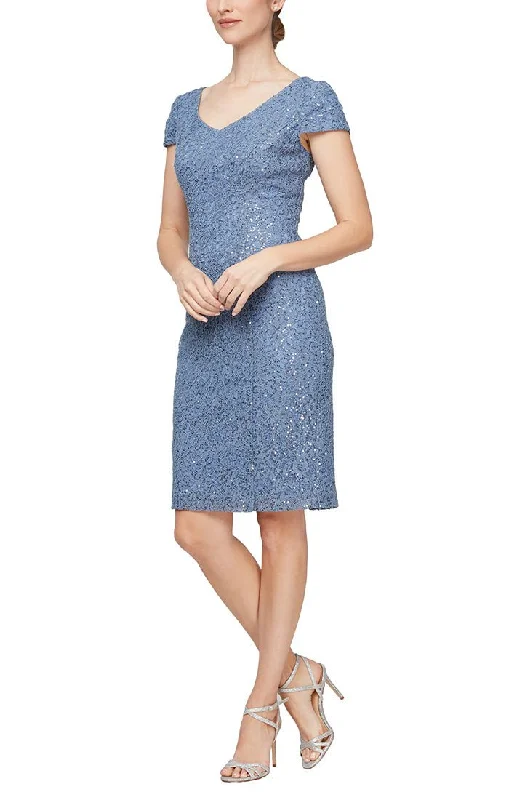 Printed wedding guest dresses with tropical motifs for beach weddingsShort Corded Sheath Dress With V-Neckline and Cap Sleeves