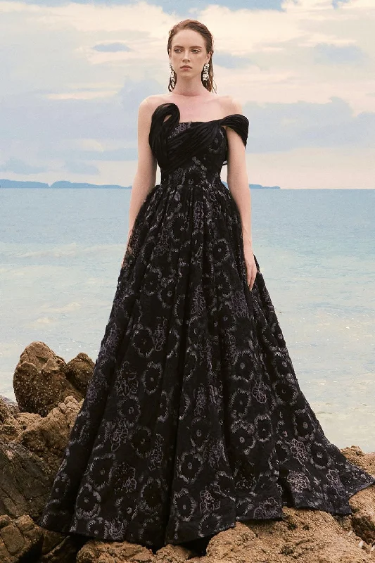 Party dresses with a satin - lined interior for added comfort​Siren Ball Gown Asymmetric Sleeved Tulle Lace Floor Length Dress