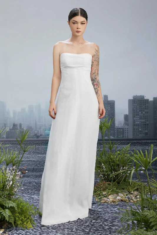 Evening party dresses with a long train for a dramatic entrance​Snow Crash Strapless Semi-Heart Neck Silk Polyester Floor Length Dress