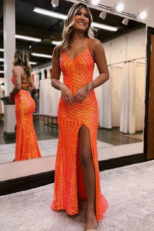 Party dresses with a tiered skirt for a fun and voluminous style​Sparkly Sequin Orange Long Glitter Prom  Dress With Split PSK443