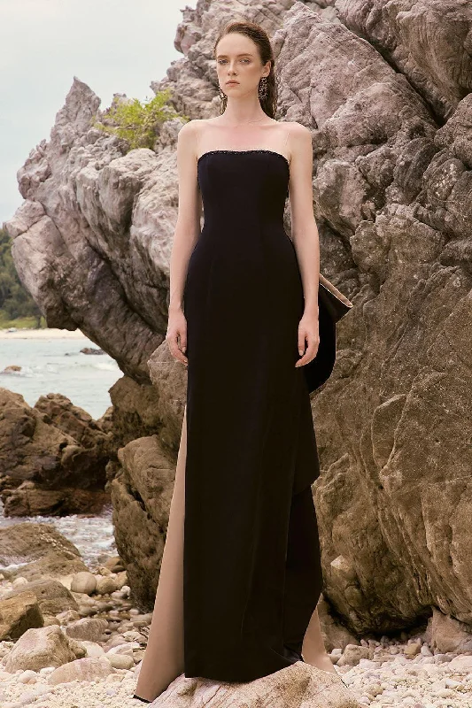 Party dresses with a detachable train for added versatility​Stella Sheath Illusion Neck Silk Satin Floor Length Dress