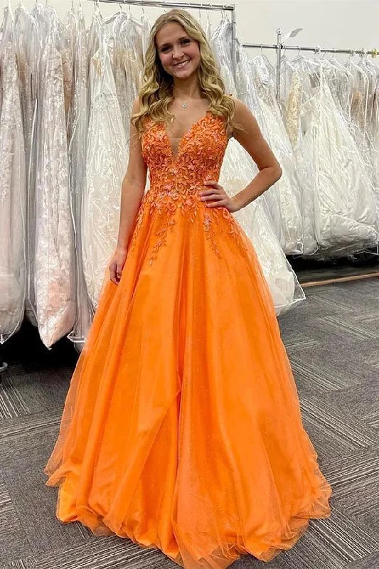 Sparkly sequined party dresses for a glamorous look​Stunning A-Line V-Neck Orange Long Prom Dress With Appliques PSK434