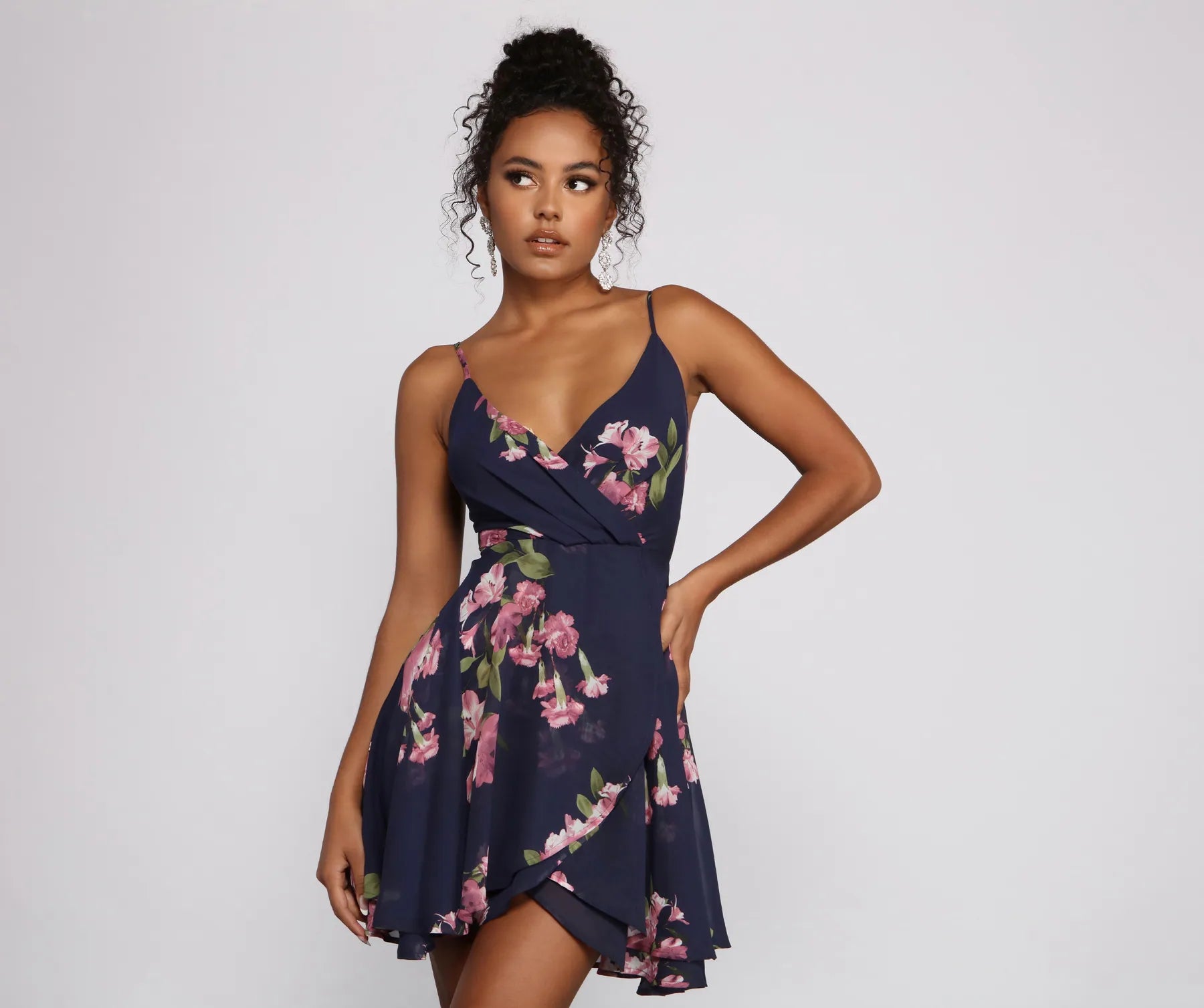 Strapless wedding guest dresses with rhinestone - studded bodicesSweet Moments Floral Chiffon Skater Dress