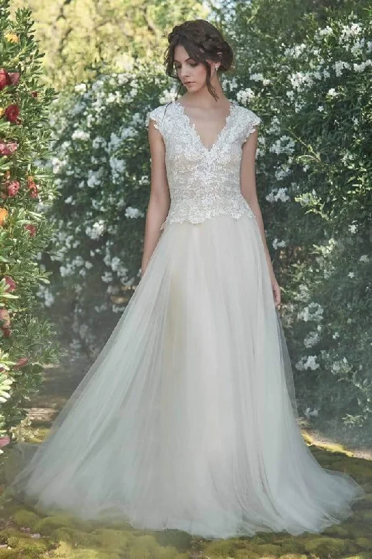 Wedding dresses with a sweetheart - neck and a corseted back​Tadashi Shoji - Embroidered V-Neck Wedding Dress