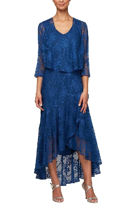 Wedding guest dresses with keyhole backs and flowing fabricsTea-Length Chiffon Jacket Dress with High/Low Tulip Hem Skirt