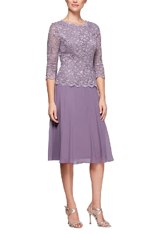 Wedding guest dresses with keyhole backs and flowing fabricsTea-Length Dress with Sequin Lace Bodice & Chiffon Skirt