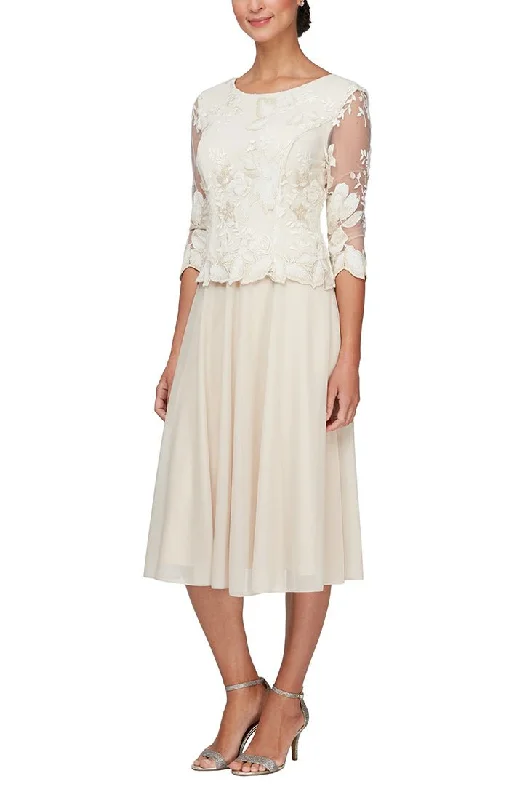 Ruffled - sleeve wedding guest dresses in light blue for a spring weddingTea-Length Embroidered Mock Dress with Illusion Sleeves, Scallop Detail and Full Skirt