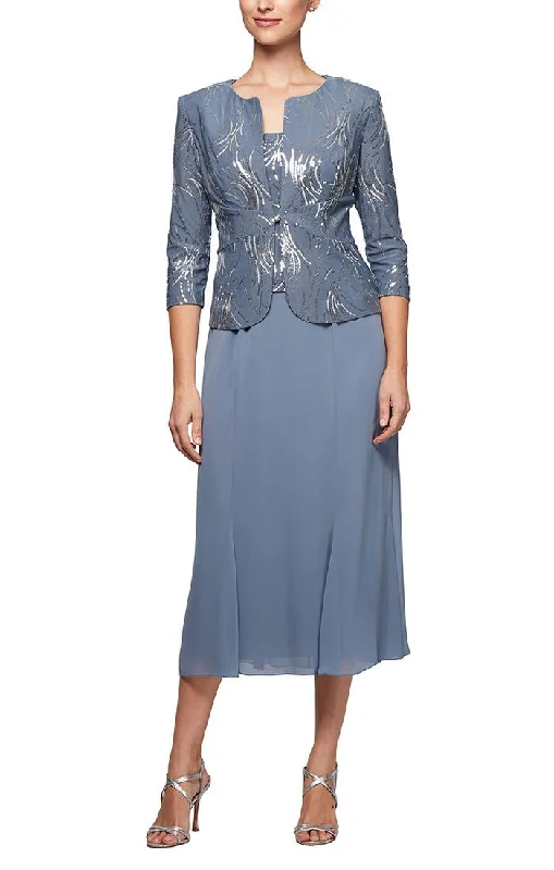 Wedding guest dresses with fringe accents for a bohemian - inspired weddingTea-Length Firework Sequin Jacket Dress with Chiffon Skirt