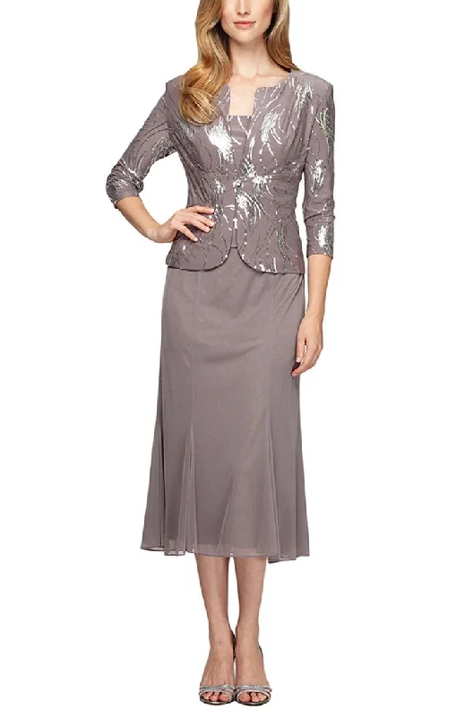 Long - sleeved wedding guest dresses in velvet for a winter weddingTea-Length Firework Sequin Jacket Dress with Godet Detail Mesh Skirt