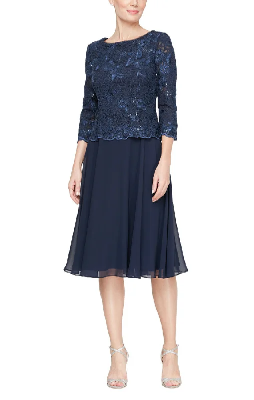 Ruffled - sleeve wedding guest dresses in light blue for a spring weddingTea Length Mock Dress with Embroidered Bodice and Full Chiffon Skirt