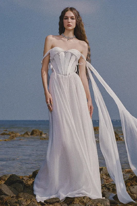 Satin party dresses with a smooth and lustrous finish​The Lake Gathered Sweetheart Neck Chiffon Floor Length Dress