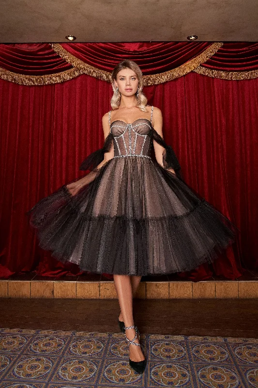 Party dresses with a polka - dot pattern for a classic and playful style​Tulle Tiered Black Midi Glitter Dress