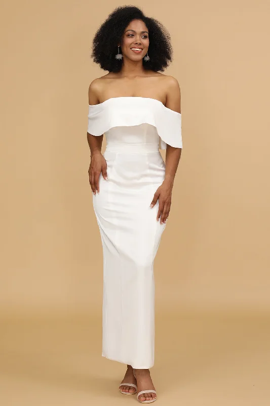 Metallic wedding guest dresses for a glamorous weddingWhite Off the Shoulder Satin Bridesmaid Dress