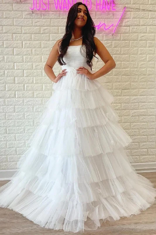 Party dresses with a pom - pom trim for a fun and festive touch​White Strapless Tiered A-Line Long Prom Dress with Ruffles  PSK410