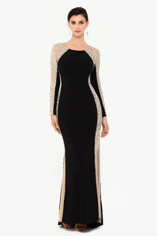 Prom dresses with side - slit skirts and beaded fringes for a glamorous appearance"Sarah" Long Jersey Knit with Caviar Beaded Sides Dress Prom dresses with side - slit skirts and beaded fringes for a glamorous appearance"Sarah" Long Jersey Knit with Caviar Beaded Sides Dress