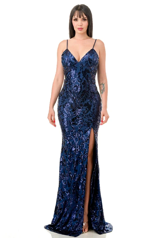 Formal dresses with off - the - shoulder sleeves and rhinestone accents for a sophisticated promBay Mermaid V Neck Sequin With Slit Navy Blue Maxi Dress Formal dresses with off - the - shoulder sleeves and rhinestone accents for a sophisticated promBay Mermaid V Neck Sequin With Slit Navy Blue Maxi Dress