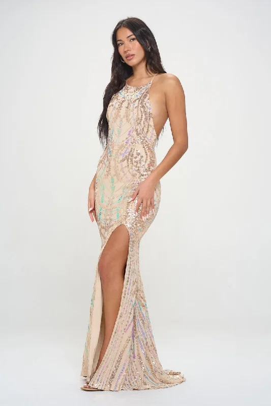 Formal dresses with tassel - adorned belts and tiered skirts for a stylish and festive formal eventBay Sequin Champagne Multi With Adjustable Crisscross Back Slit And Back Zipper