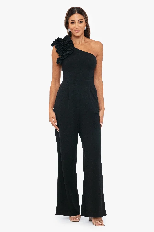 Prom dresses with one - shoulder designs and feather accents for a bold statement"Carissa" One Shoulder Scuba Crepe Jumpsuit Prom dresses with one - shoulder designs and feather accents for a bold statement"Carissa" One Shoulder Scuba Crepe Jumpsuit