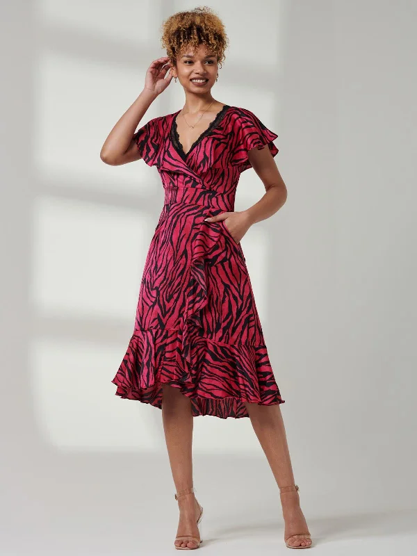 Formal dresses with one - shoulder ruffled straps and sequined bodices for a trendy and eye - catching lookJulissa Satin Flare Hem Dress, Magenta Animal Formal dresses with one - shoulder ruffled straps and sequined bodices for a trendy and eye - catching lookJulissa Satin Flare Hem Dress, Magenta Animal