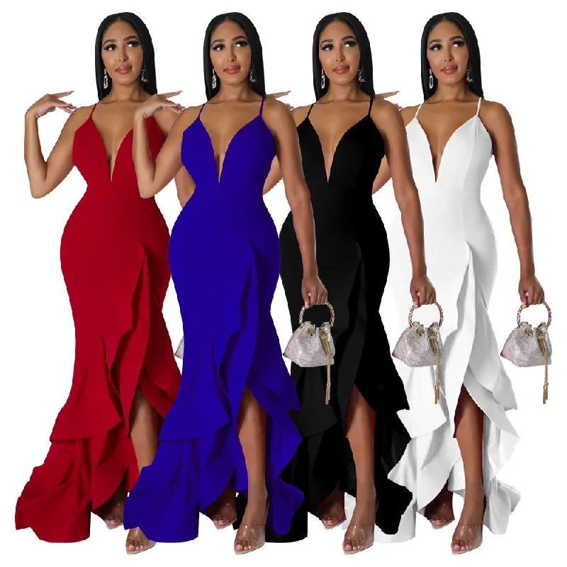 Formal dresses with fringe - trimmed sleeves and wrap - around styles for a bohemian - inspired formal eventK10234 summer 2023 sexy V-Neck Ruffle sling Dress solid Irregular hem prom elegant party backless maxi dress Formal dresses with fringe - trimmed sleeves and wrap - around styles for a bohemian - inspired formal eventK10234 summer 2023 sexy V-Neck Ruffle sling Dress solid Irregular hem prom elegant party backless maxi dress
