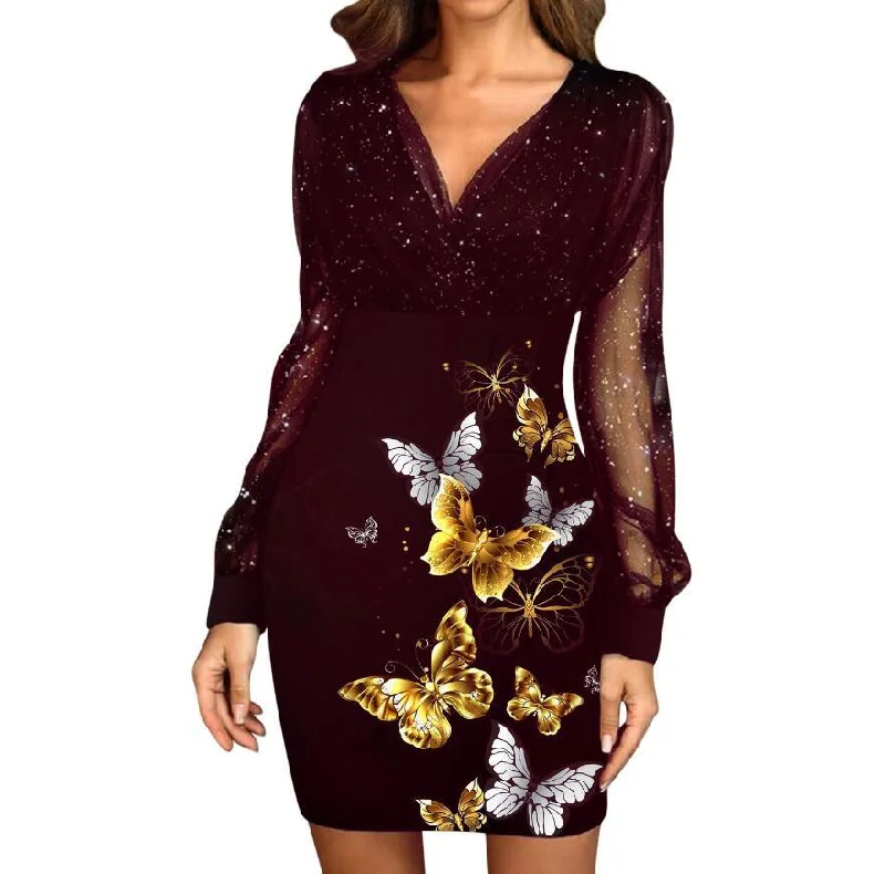 Formal dresses with cold - shoulder ruffled sleeves and floral prints for a romantic and trendy formal styleMesh V-neck Printing Sequined Slim Fit Sexy Print Dress Formal dresses with cold - shoulder ruffled sleeves and floral prints for a romantic and trendy formal styleMesh V-neck Printing Sequined Slim Fit Sexy Print Dress
