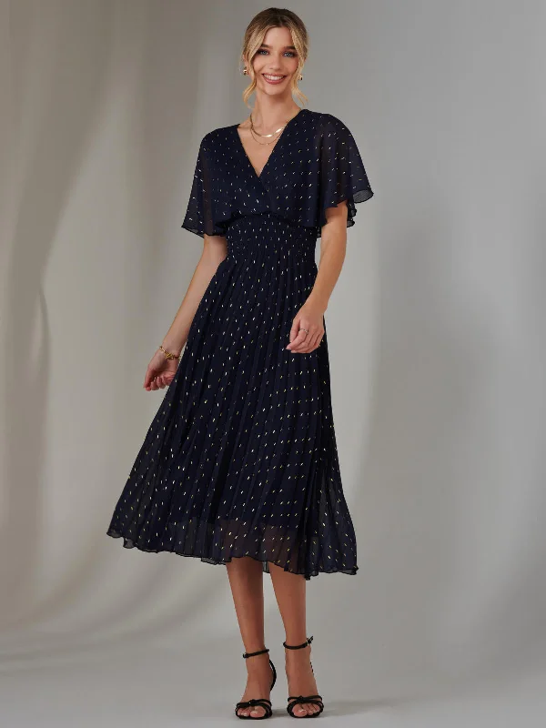 Long - sleeved formal dresses in velvet for a winter formal eventMetallic Spot Chiffon Pleated Dress, Navy Long - sleeved formal dresses in velvet for a winter formal eventMetallic Spot Chiffon Pleated Dress, Navy