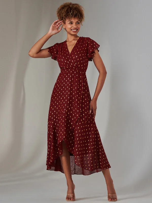 Formal dresses with side - slit pockets and beaded accents for a practical and stylish formal eventMetallic Spot Textured Chiffon Maxi Dress, Burgundy Formal dresses with side - slit pockets and beaded accents for a practical and stylish formal eventMetallic Spot Textured Chiffon Maxi Dress, Burgundy
