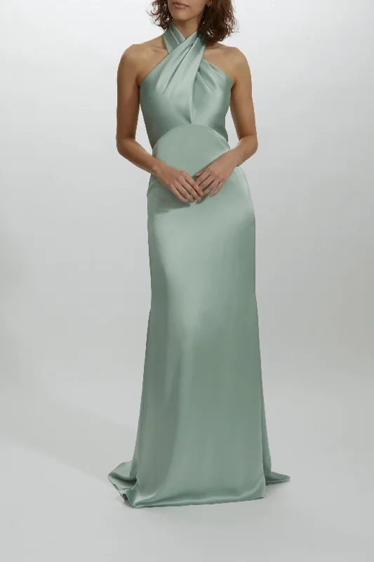 Formal dresses with pleated bodices and taffeta fabric for a traditional lookCrisscross Halter Gown