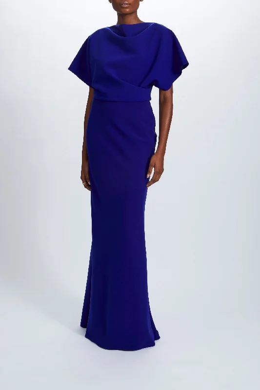 Formal dresses with tiered lace skirts and off - the - shoulder necklines for a feminine and elegant formal appearanceCrepe Draped Gown Formal dresses with tiered lace skirts and off - the - shoulder necklines for a feminine and elegant formal appearanceCrepe Draped Gown