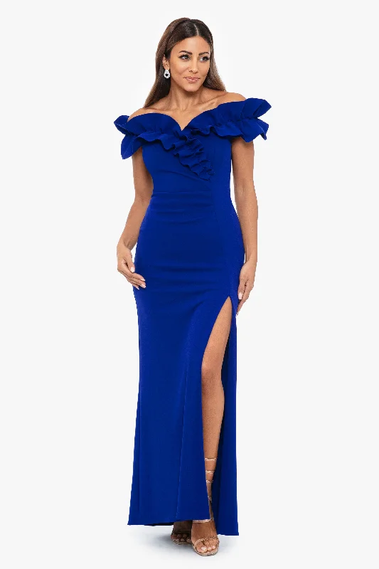 Prom dresses with illusion necklines and crystal embellishments for a formal affair"Pandora" Long Scuba Crepe Ruffle Top Dress