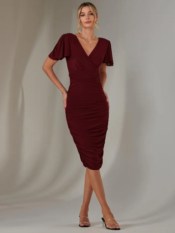 Prom dresses with ruched bodices and organza sleeves for a romantic lookPlain Angel Sleeve Ruched Bodycon Dress, Burgundy Prom dresses with ruched bodices and organza sleeves for a romantic lookPlain Angel Sleeve Ruched Bodycon Dress, Burgundy
