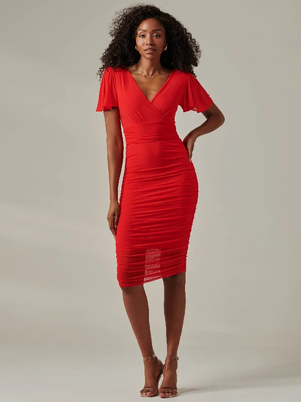 Formal dresses with off - the - shoulder sleeves and rhinestone accents for a sophisticated promPlain Angel Sleeve Ruched Bodycon Dress, Red
